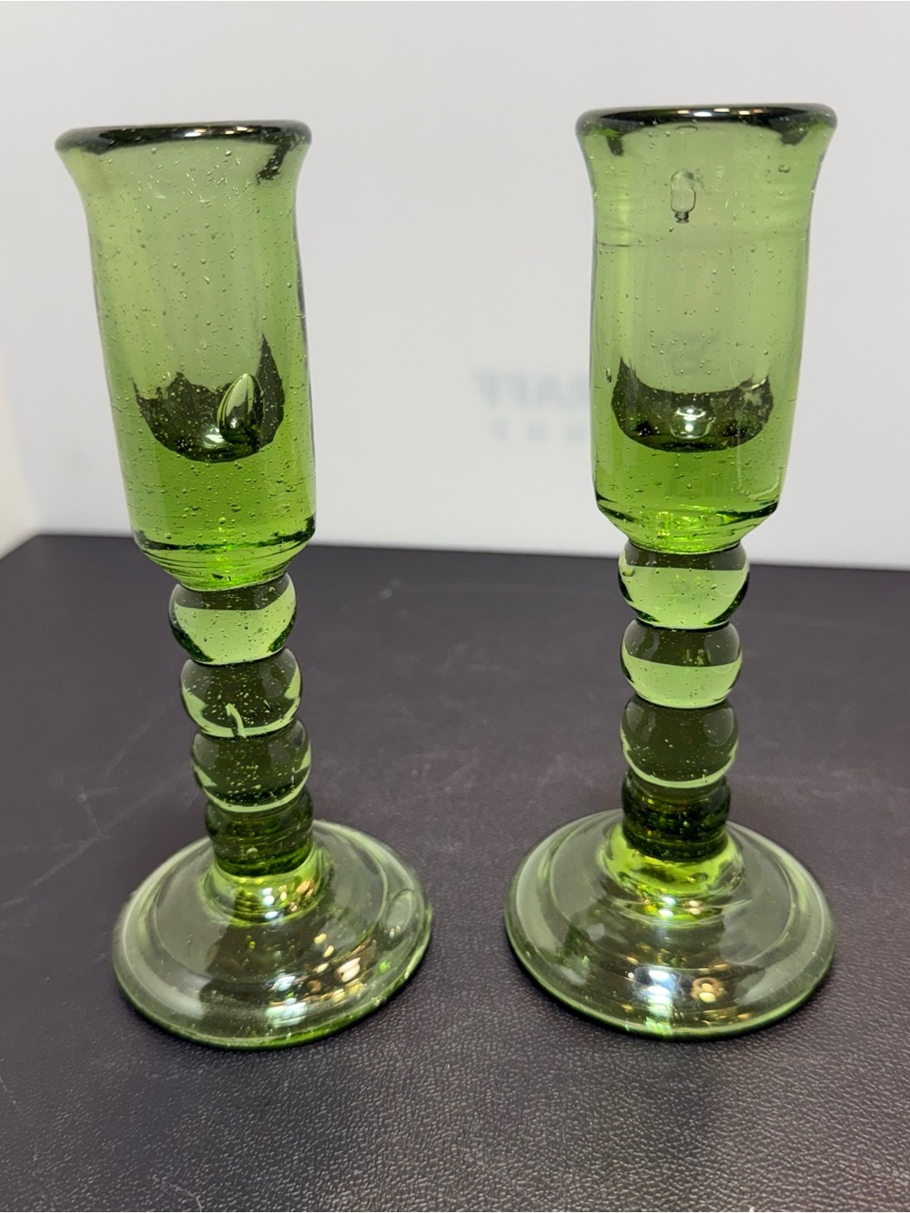 VTG Jamestown Glasshouse Green Bubble Glass Candlestick Pair